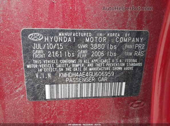 KMHDH4AE4GU606959 2016 HYUNDAI ELANTRA Red Widok komory silnika