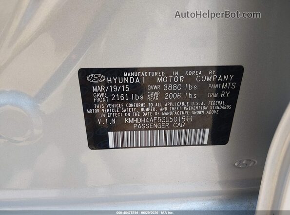 KMHDH4AE5GU501511 2016 HYUNDAI ELANTRA Silver Շարժիչի բաժամունքի տեսք