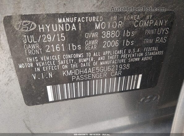 KMHDH4AE5GU621938 2016 HYUNDAI ELANTRA Gray ძრავის განყოფილების ხედი