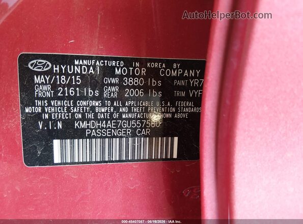 KMHDH4AE7GU557580 2016 HYUNDAI ELANTRA Red Vista del compartimento del motor