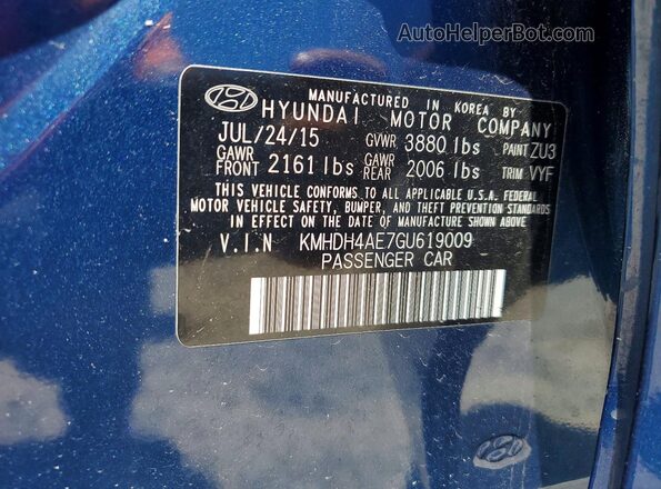 KMHDH4AE7GU619009 2016 HYUNDAI ELANTRA Blue 
