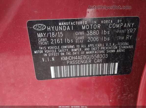 KMHDH4AE8GU558303 2016 HYUNDAI ELANTRA Red 