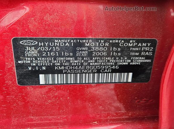 KMHDH4AE8GU599546 2016 HYUNDAI ELANTRA Red Widok komory silnika