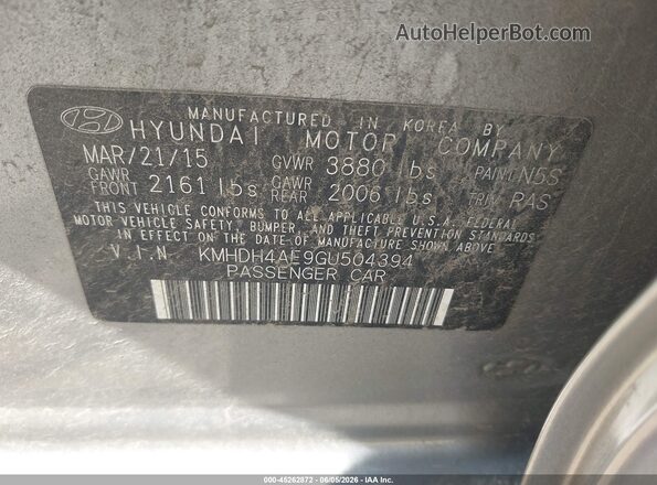 KMHDH4AE9GU504394 2016 HYUNDAI ELANTRA Silver ძრავის განყოფილების ხედი