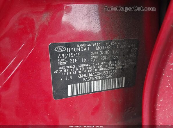 KMHDH4AEXGU531586 2016 HYUNDAI ELANTRA Красный 
