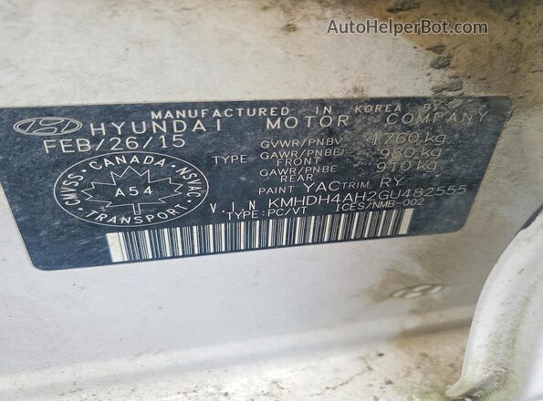 KMHDH4AH2GU482555 2016 HYUNDAI ELANTRA Белый Вид подкапотного пространства