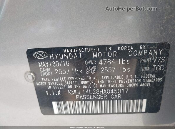 KMHE14L28HA045017 2017 HYUNDAI SONATA PLUG-IN HYBRID Silver Engine compartment view