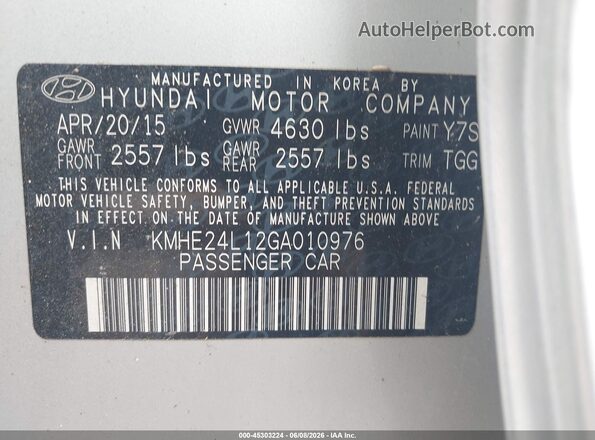 KMHE24L12GA010976 2016 HYUNDAI SONATA HYBRID Silver ძრავის განყოფილების ხედი