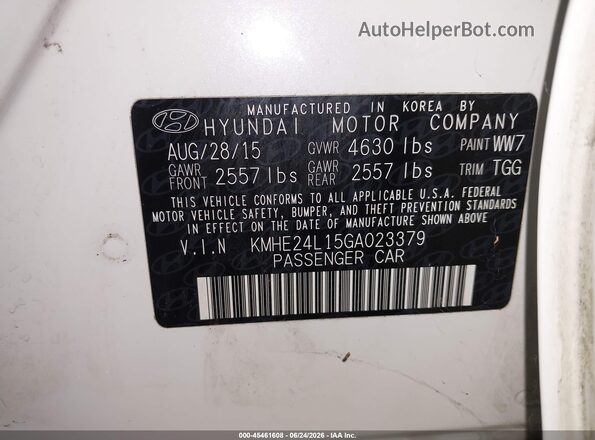KMHE24L15GA023379 2016 HYUNDAI SONATA HYBRID White Вид підкапотного простору