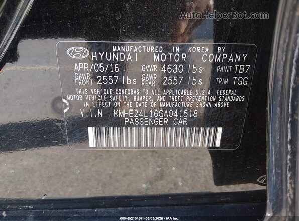KMHE24L16GA041518 2016 HYUNDAI SONATA HYBRID Black ძრავის განყოფილების ხედი