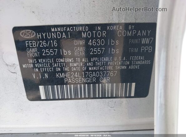 KMHE24L17GA037767 2016 HYUNDAI SONATA HYBRID White Engine compartment view