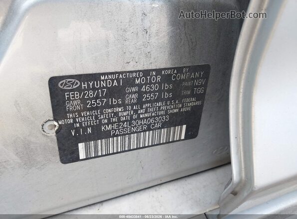 KMHE24L30HA063033 2017 HYUNDAI SONATA HYBRID Silver Вид підкапотного простору