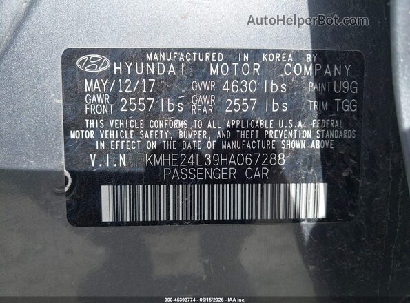 KMHE24L39HA067288 2017 HYUNDAI SONATA HYBRID Gray Vista del compartimento del motor