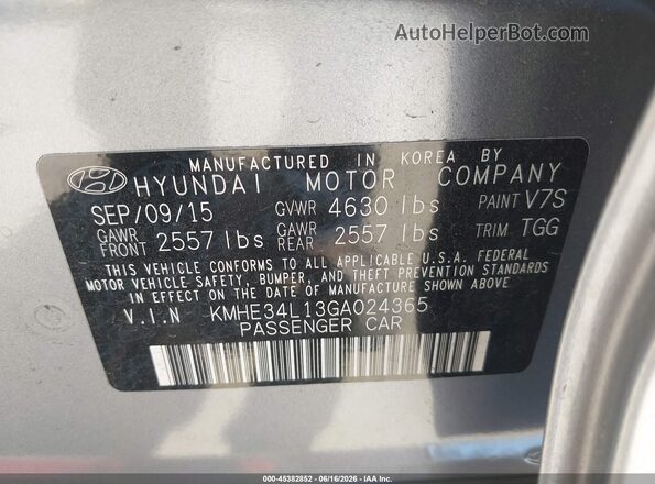 KMHE34L13GA024365 2016 HYUNDAI SONATA HYBRID Gray Շարժիչի բաժամունքի տեսք