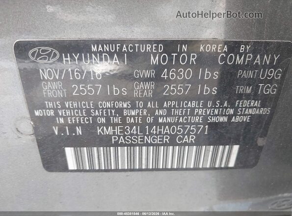 KMHE34L14HA057571 2017 HYUNDAI SONATA HYBRID Gray Widok komory silnika
