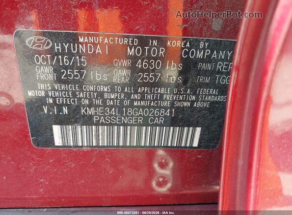 KMHE34L18GA026841 2016 HYUNDAI SONATA HYBRID Red Շարժիչի բաժամունքի տեսք