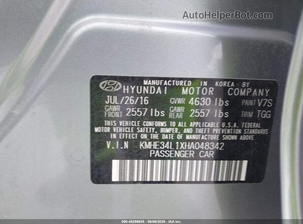 KMHE34L1XHA048342 2017 HYUNDAI SONATA HYBRID Серебряный Вид подкапотного пространства