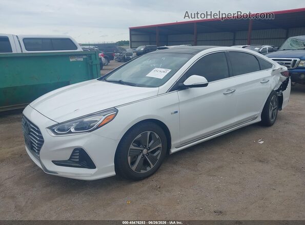 KMHE34L33KA088383 2019 HYUNDAI SONATA HYBRID White წინა მარცხენა ხედი სამი მეოთხედიდან