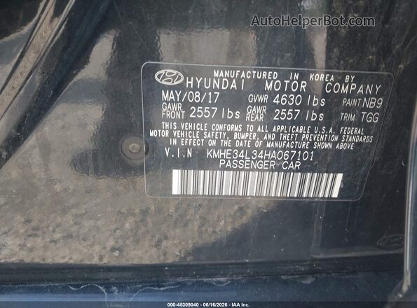 KMHE34L34HA067101 2017 HYUNDAI SONATA HYBRID Black Вид підкапотного простору