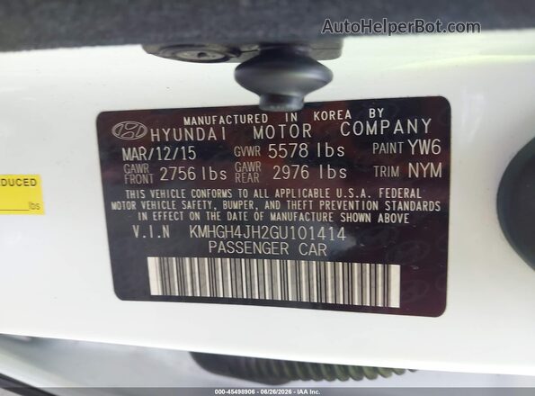KMHGH4JH2GU101414 2016 HYUNDAI EQUUS White Շարժիչի բաժամունքի տեսք