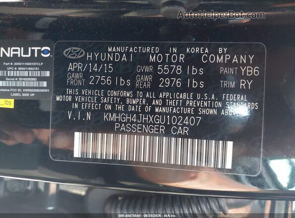KMHGH4JHXGU102407 2016 HYUNDAI EQUUS Black Vista del compartimento del motor