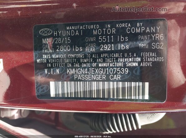 KMHGN4JEXGU107539 2016 HYUNDAI GENESIS Бордовый Вид подкапотного пространства