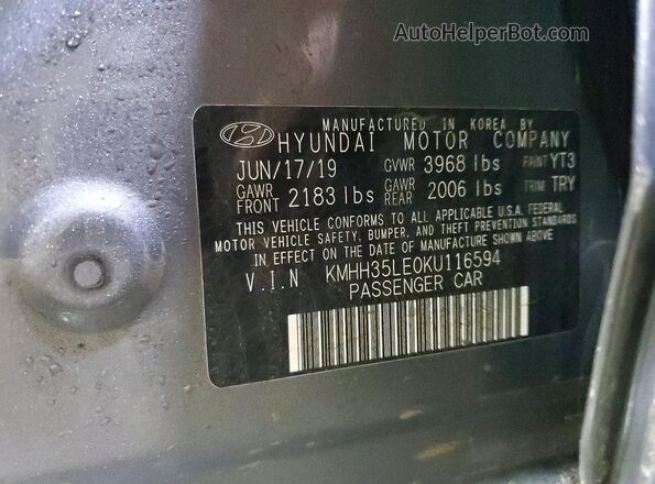 KMHH35LE0KU116594 2019 HYUNDAI ELANTRA Gray VIN sticker view