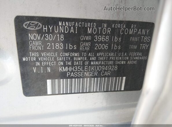 KMHH35LE1KU094928 2019 HYUNDAI ELANTRA GT Silver Vista del compartimento del motor