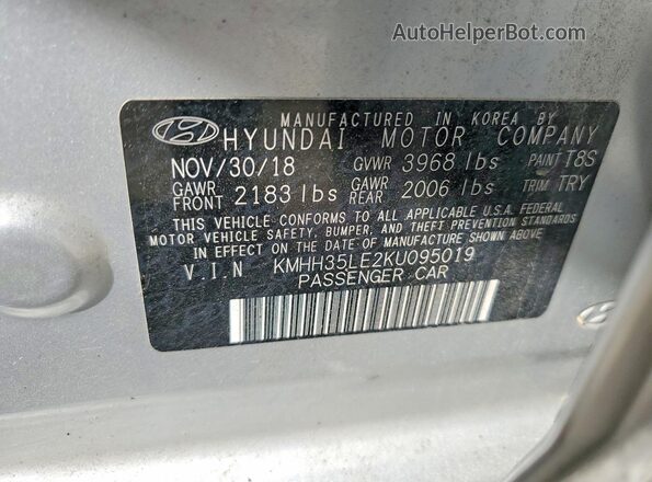 KMHH35LE2KU095019 2019 HYUNDAI ELANTRA Silver 