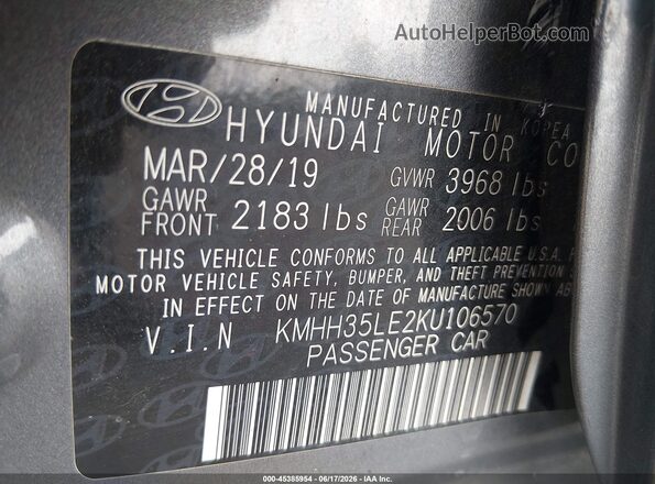 KMHH35LE2KU106570 2019 HYUNDAI ELANTRA GT Gray Вид підкапотного простору