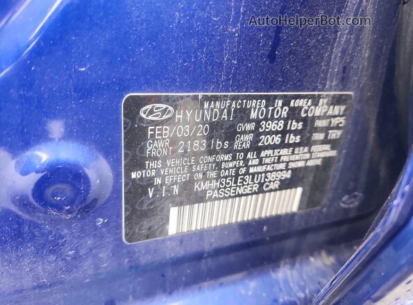 KMHH35LE3LU138994 2020 HYUNDAI ELANTRA Blue Vista del compartimento del motor