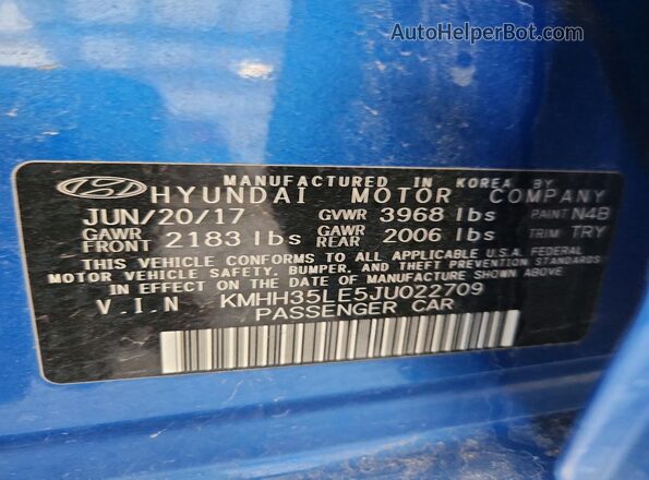 KMHH35LE5JU022709 2018 HYUNDAI ELANTRA Blue Vista del compartimento del motor