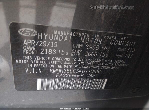 KMHH35LE5KU110662 2019 HYUNDAI ELANTRA GT Gray Vista del compartimento del motor