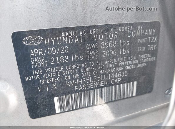 KMHH35LE5LU144635 2020 HYUNDAI ELANTRA GT Silver Vista del compartimento del motor