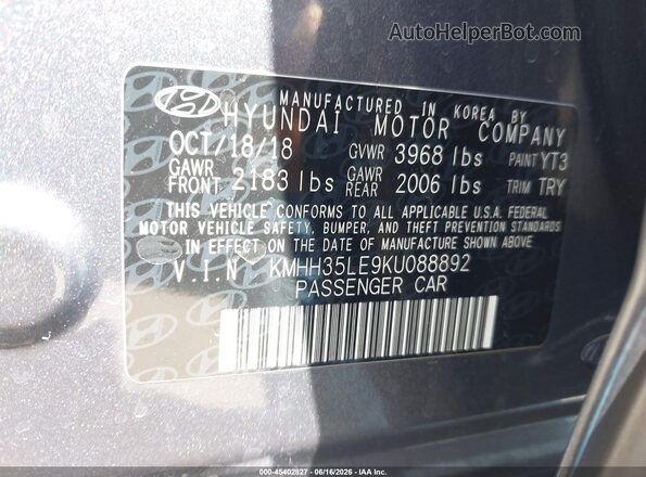 KMHH35LE9KU088892 2019 HYUNDAI ELANTRA GT Gray Вид підкапотного простору