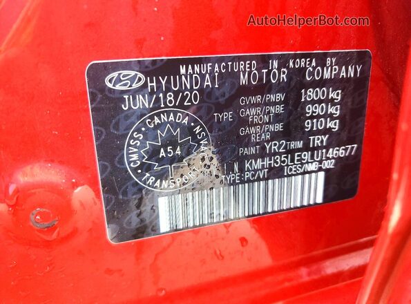 KMHH35LE9LU146677 2020 HYUNDAI ELANTRA Red Widok naklejki z numerem VIN