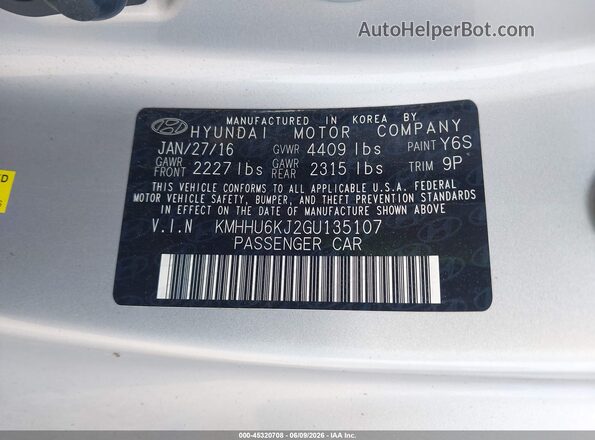 KMHHU6KJ2GU135107 2016 HYUNDAI GENESIS Silver Շարժիչի բաժամունքի տեսք