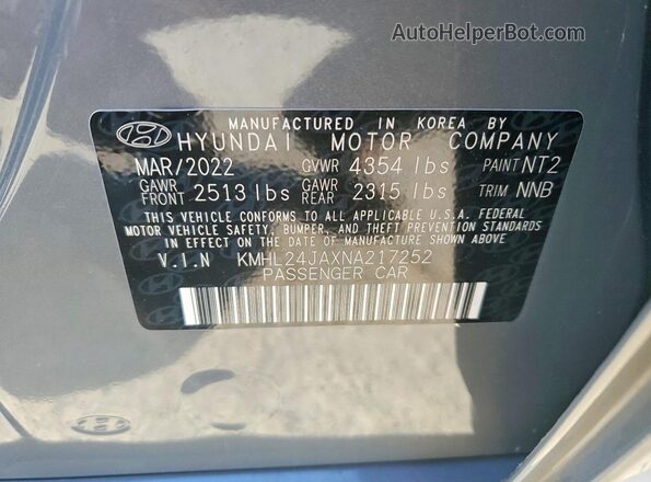 KMHL24JAXNA217252 2022 HYUNDAI SONATA Gray 