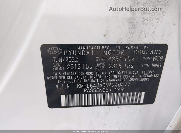KMHL64JA0NA240477 2022 HYUNDAI SONATA White ძრავის განყოფილების ხედი