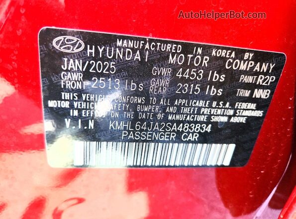 KMHL64JA2SA483834 2025 HYUNDAI SONATA Red VIN კოდის სტიკერის ხედი