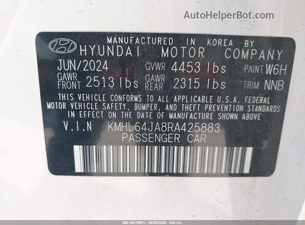 KMHL64JA8RA425883 2024 HYUNDAI SONATA White ძრავის განყოფილების ხედი