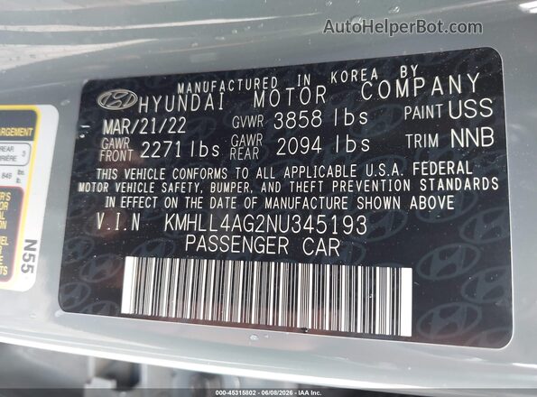 KMHLL4AG2NU345193 2022 HYUNDAI ELANTRA Pewter Widok komory silnika