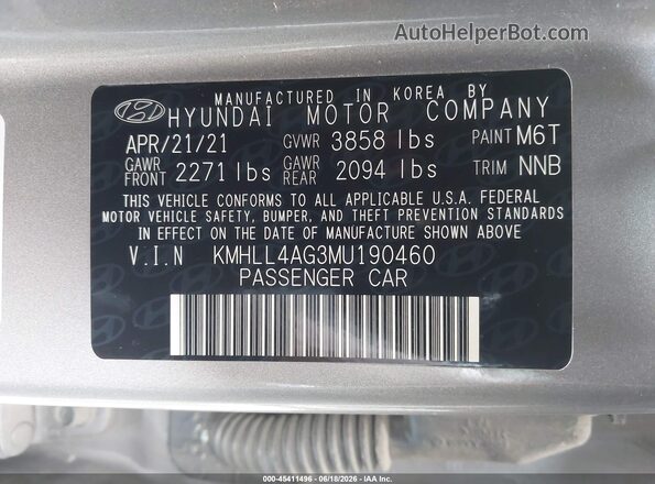KMHLL4AG3MU190460 2021 HYUNDAI ELANTRA Silver Vista del compartimento del motor