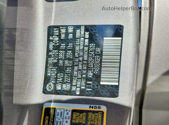 KMHLL4AG3PU547639 2023 HYUNDAI ELANTRA Gray VIN კოდის სტიკერის ხედი
