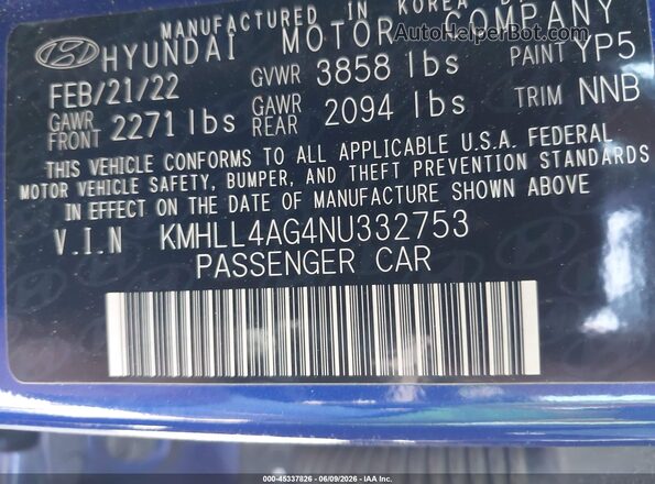 KMHLL4AG4NU332753 2022 HYUNDAI ELANTRA Blue ძრავის განყოფილების ხედი