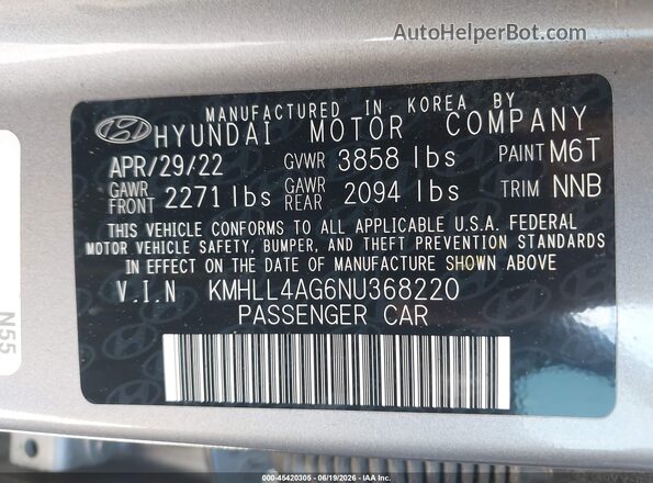 KMHLL4AG6NU368220 2022 HYUNDAI ELANTRA Gray Вид підкапотного простору
