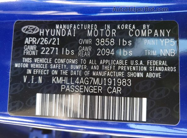 KMHLL4AG7MU191983 2021 HYUNDAI ELANTRA Blue 