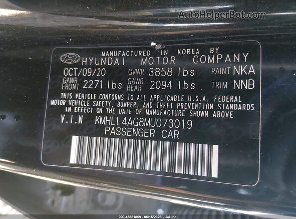 KMHLL4AG8MU073019 2021 HYUNDAI ELANTRA Black ძრავის განყოფილების ხედი