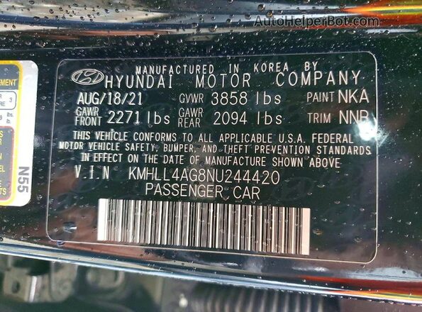 KMHLL4AG8NU244420 2022 HYUNDAI ELANTRA Black Vista de la etiqueta del VIN