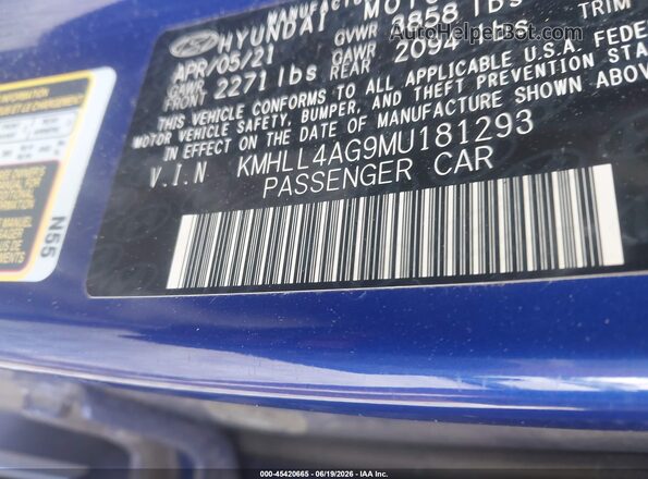 KMHLL4AG9MU181293 2021 HYUNDAI ELANTRA Blue Vista del compartimento del motor